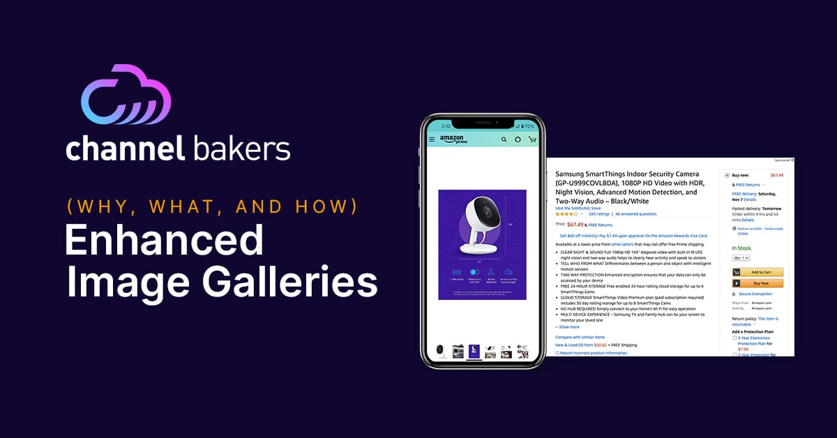 Channel Bakers header image showing phone with Amazon image gallery in it and title saying,